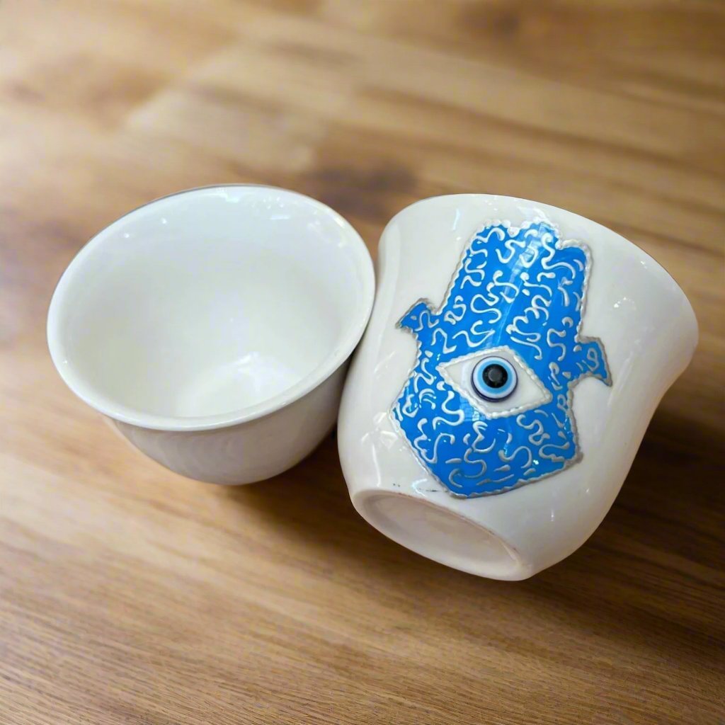 Arabian Coffee Cup Handprinted Blue Eye HamsacoffeeSTLESS