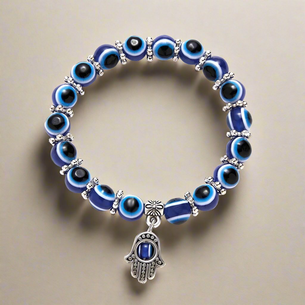 Blue Beads Evil Eye Bead Palm Charm Bracelet Elastic Couple LuckBraceletSTLESS