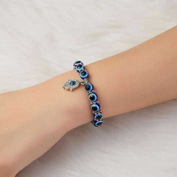 Blue Beads Evil Eye Bead Palm Charm Bracelet Elastic Couple LuckBraceletSTLESS