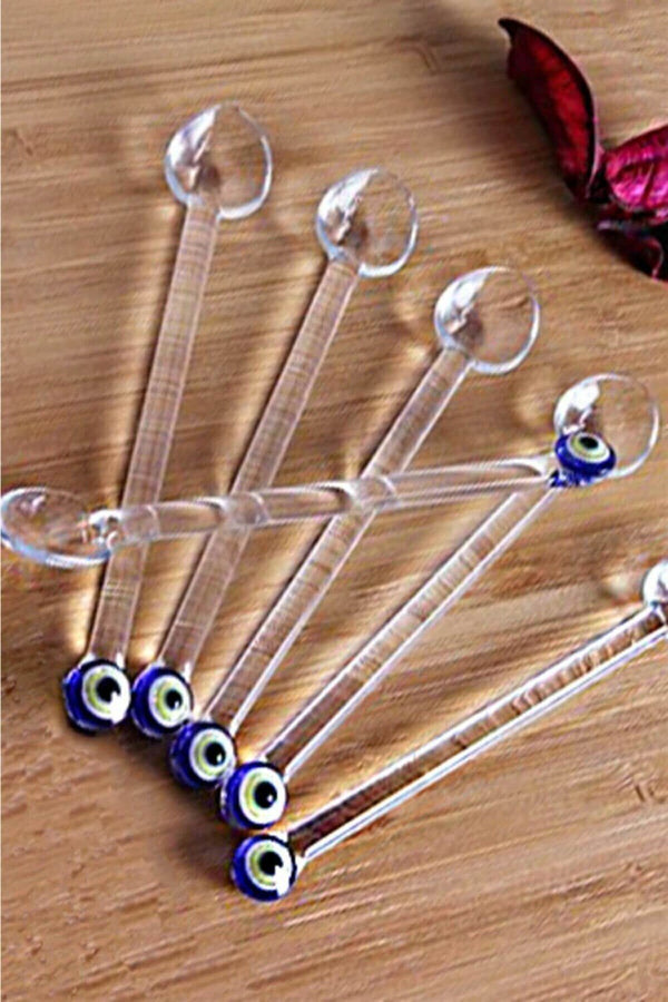 Glass Teaspoons with Evil Eye, Set of 6, Perfect for Coffee - Tea ServingspoomSTLESS