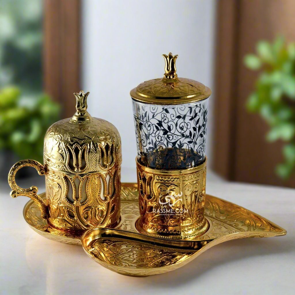 Golden Turkish Coffee Cup + Tea Cup + Tray Leaf - Made In TurkeycoffeeSTLESS