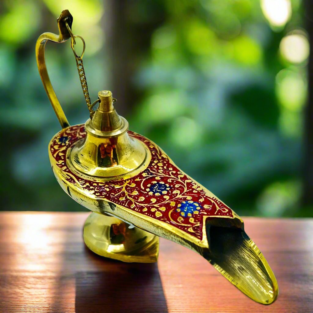 Incense Holder Aladdin Lamp Brass & Red Enamel ColorsIncense BurnerSTLESS