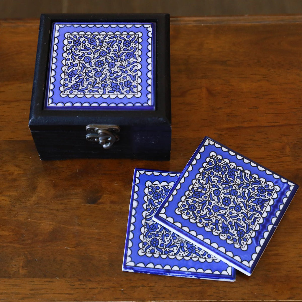 6 Blue Ceramic Coasters With Wooden BoxcoastersSTLESS