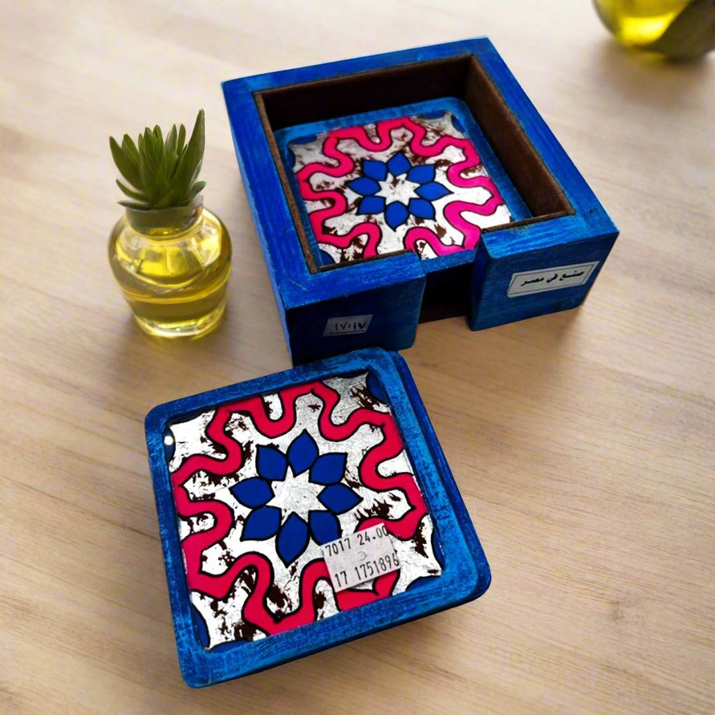 6 Coasters Set With Wooden Holder Blue GlasscoastersSTLESS