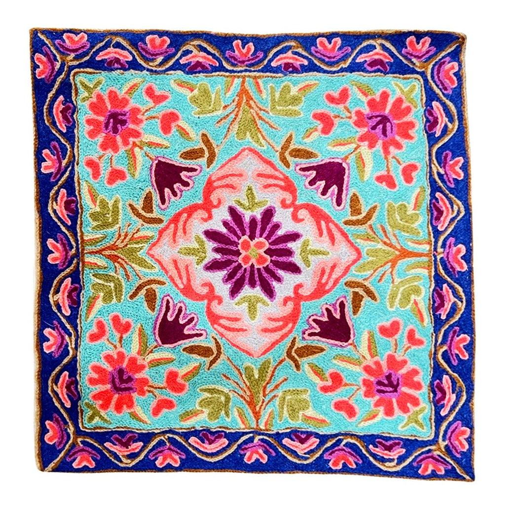 Crewel Wool Embroidered Cushion Throw Pillow Cover Floral Baby BlueCushionsSTLESS