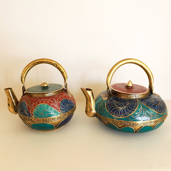 Nepalese Pure Copper Gemstone Lapis, Turquoise & Coral Teapot Wide SetteaSTLESS